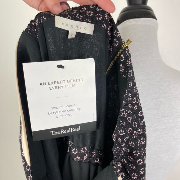 Sandro Sz 3 Black and Pink Floral Strapless High Waist Mini Dress w Pockets - Picture 9 of 13